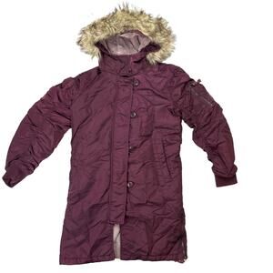 Abercrombie & Fitch Womens Maroon Red Fur Trim Hooded Lined Parka Jacket Size XS